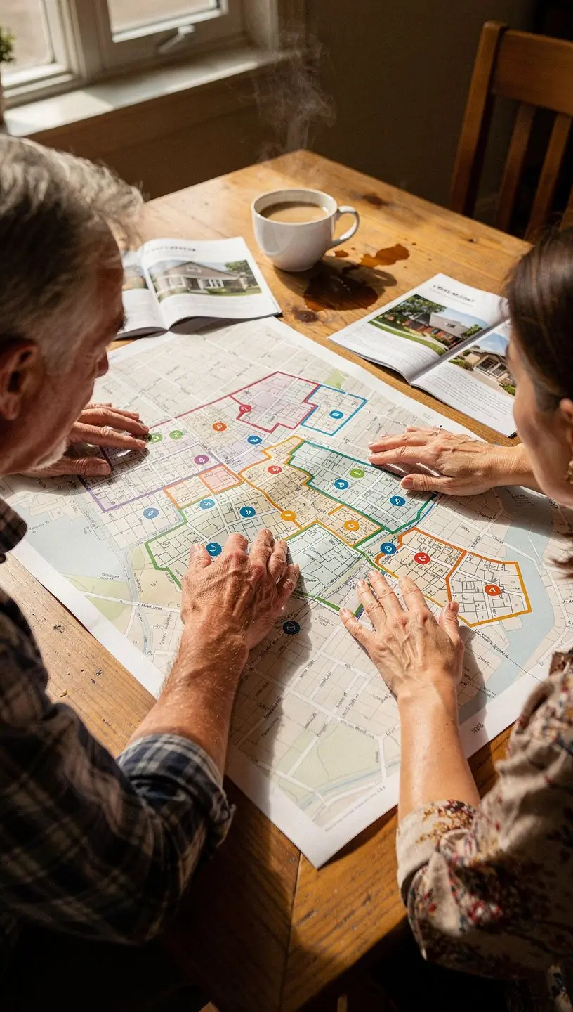 Mapa okolicy z zaznaczonymi trasami do zwiedzania dla nowych mieszkańców.