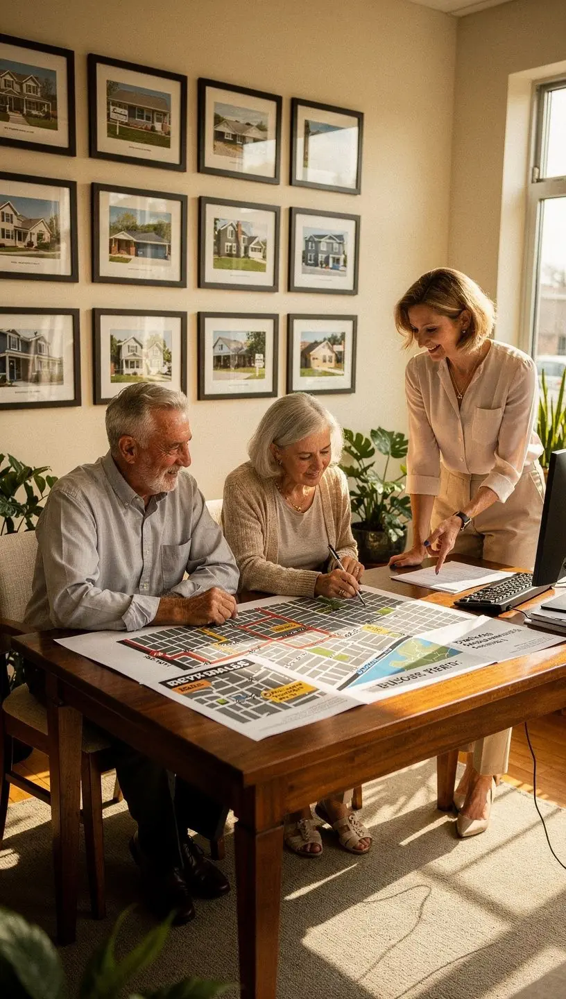 Zespół pracowników biura, omawiający szczegóły wynajmu mieszkań dla seniorów.