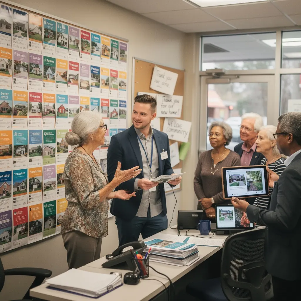Pracownik biura koordynacji przeprowadzek pokazujący mapę planu weekendowej wycieczki dla seniorów szukających wynajmu lub zakupu domu.
