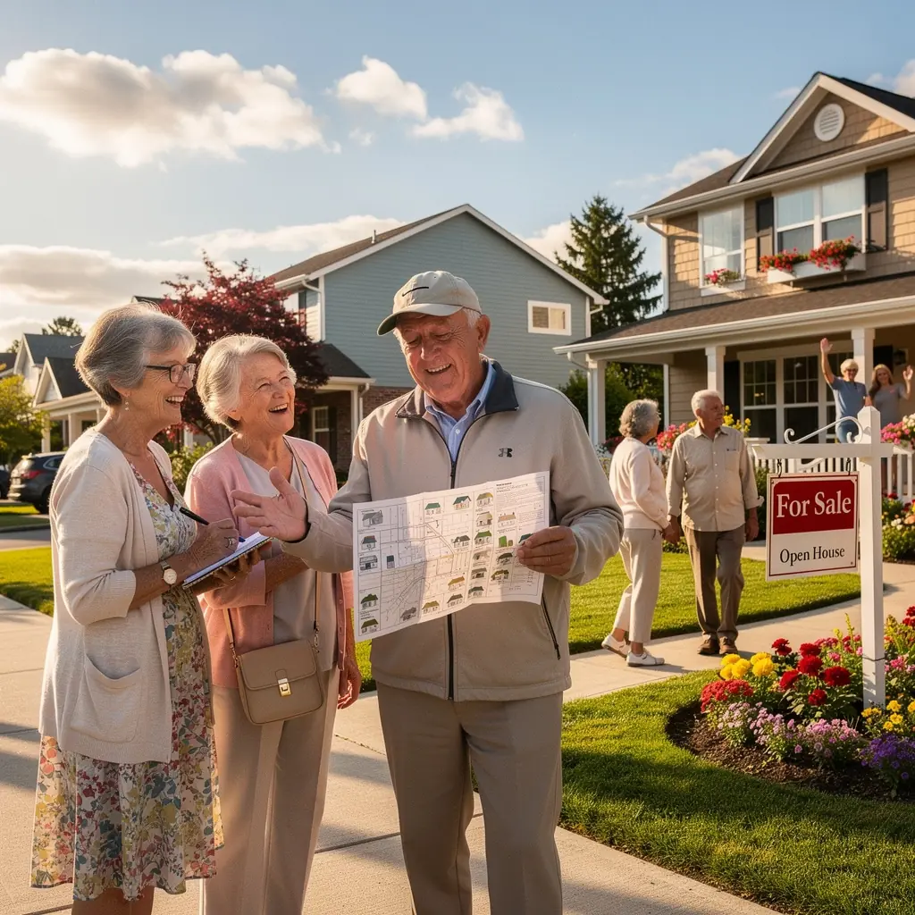Stół z materiałami informacyjnymi na temat mieszkań i lokalnych udogodnień.