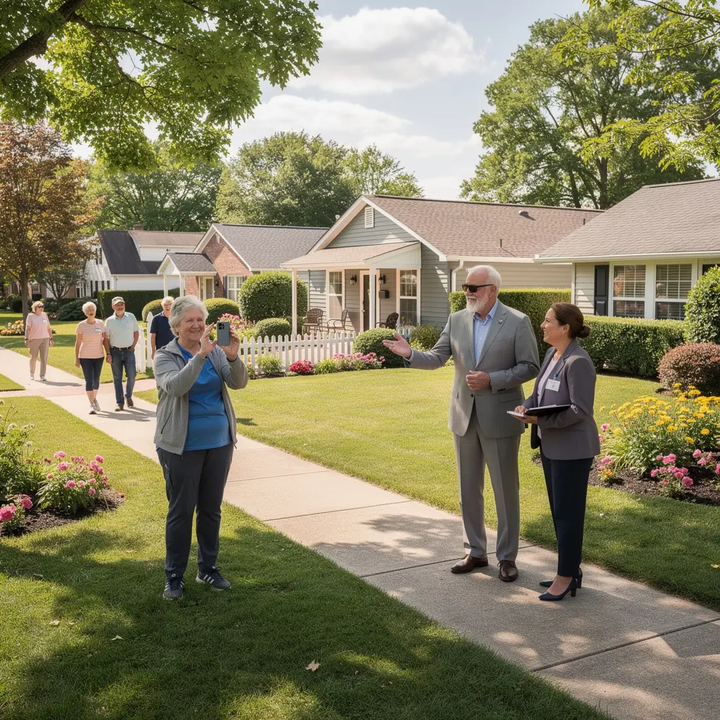 Starsza para przeglądająca oferty wynajmu mieszkań z uśmiechami na twarzach.