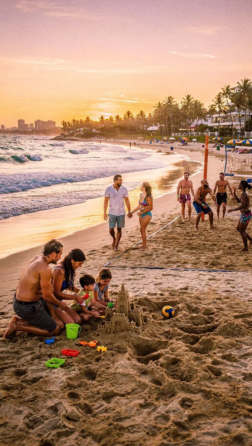 Rodzina ciesząca się dniem spędzonym na plaży w Los Angeles, z zachodem słońca w tle.